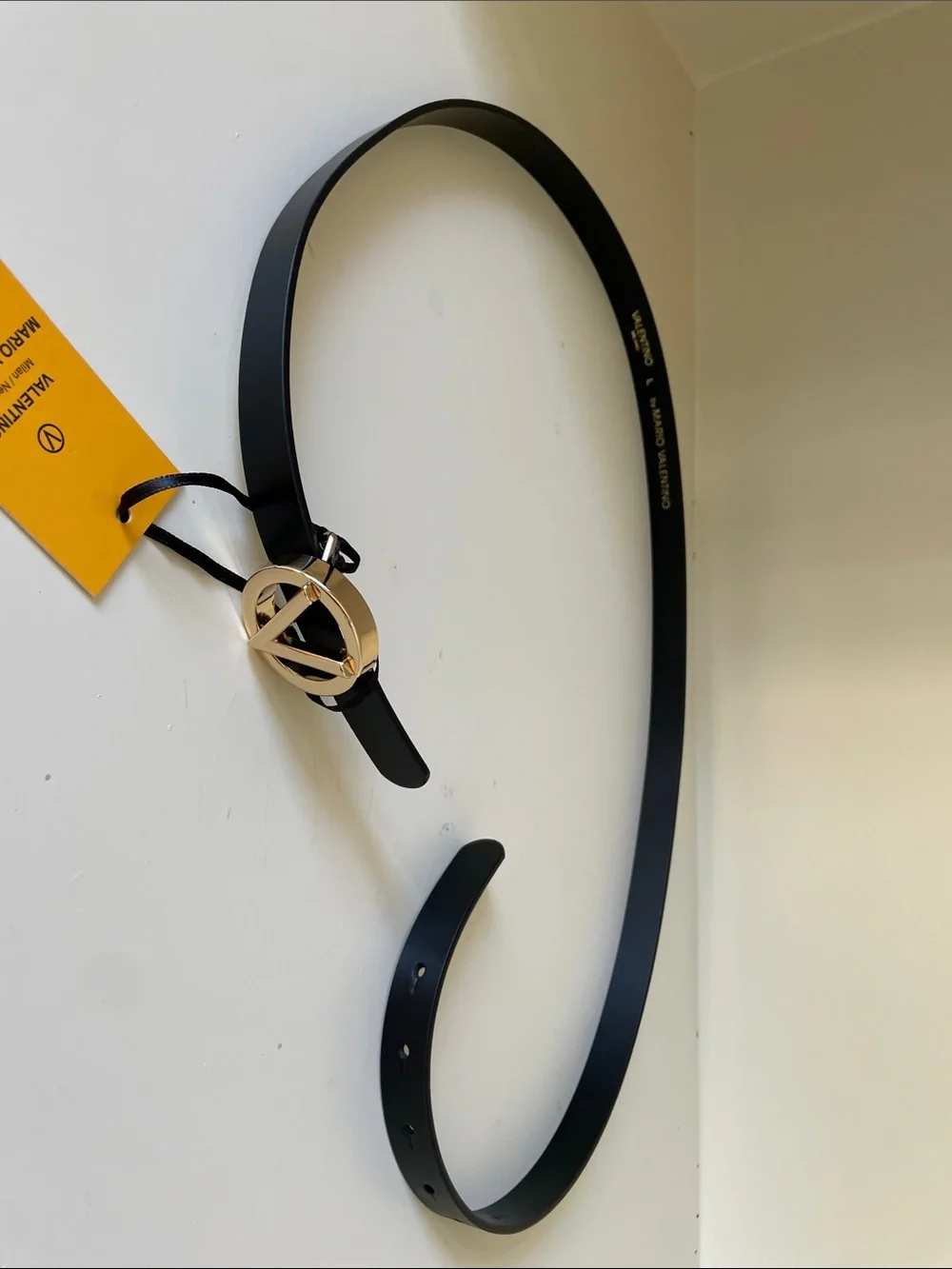 Valentino By Mario Black Leather Belt with Gold V Buckle